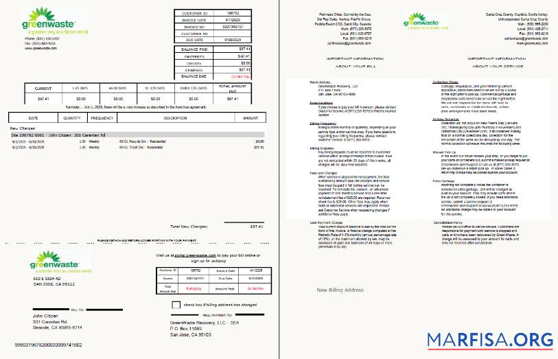 Realistic USA Green Waste utility bill template in Word and PDF formats, 2 pages